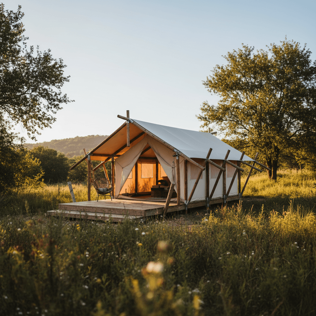 Luxury glamping tent with soft walls and wooden deck