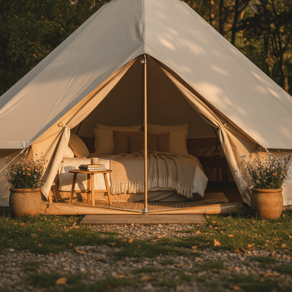 Glamping tent entrance showing interior comfort