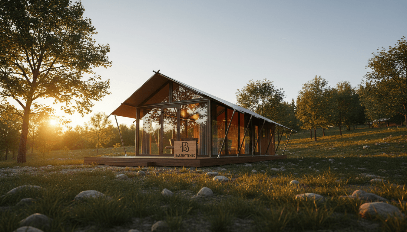 Luxury glamping tent with glass walls and soft interior lighting in a forest setting at golden hour