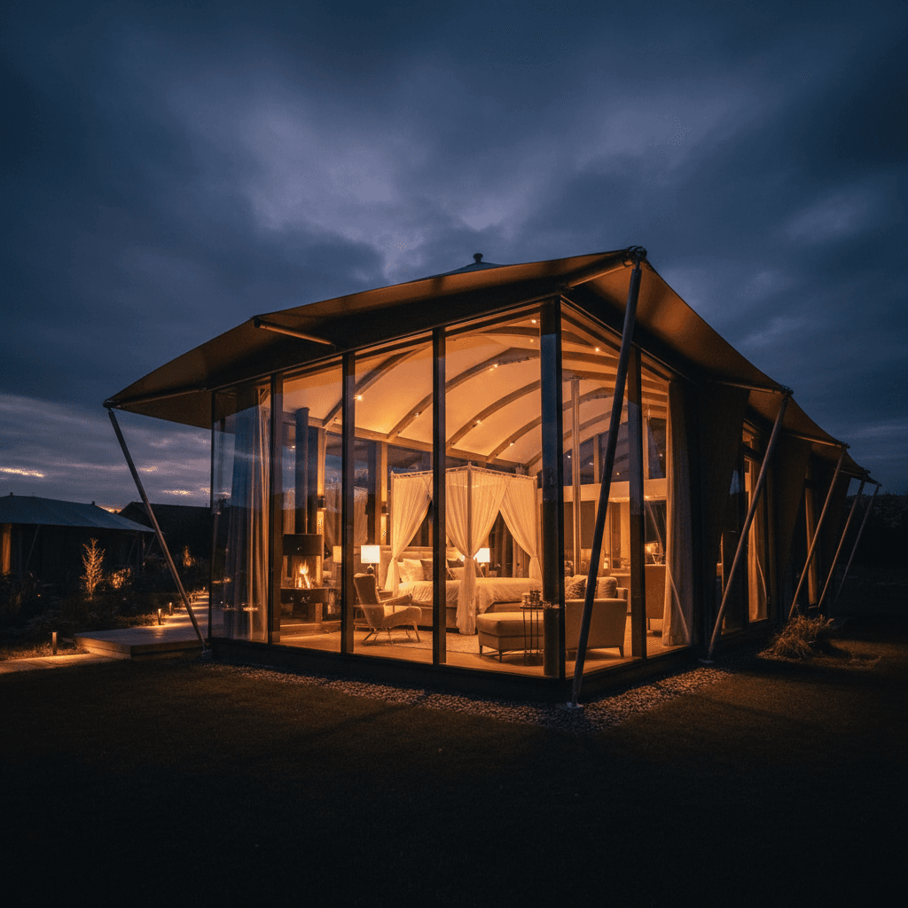 Luxury glamping tent with glass wall upgrades