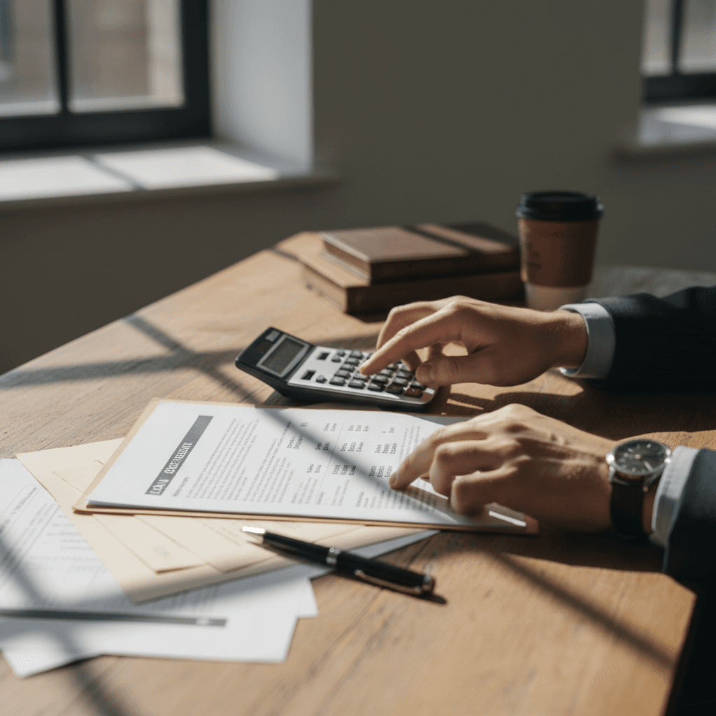 Person reviewing financing documents and calculations at a desk