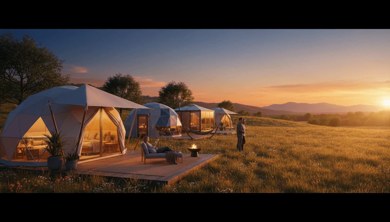 Luxury glamping site at golden hour with multiple tent structures and guests enjoying the outdoor amenities