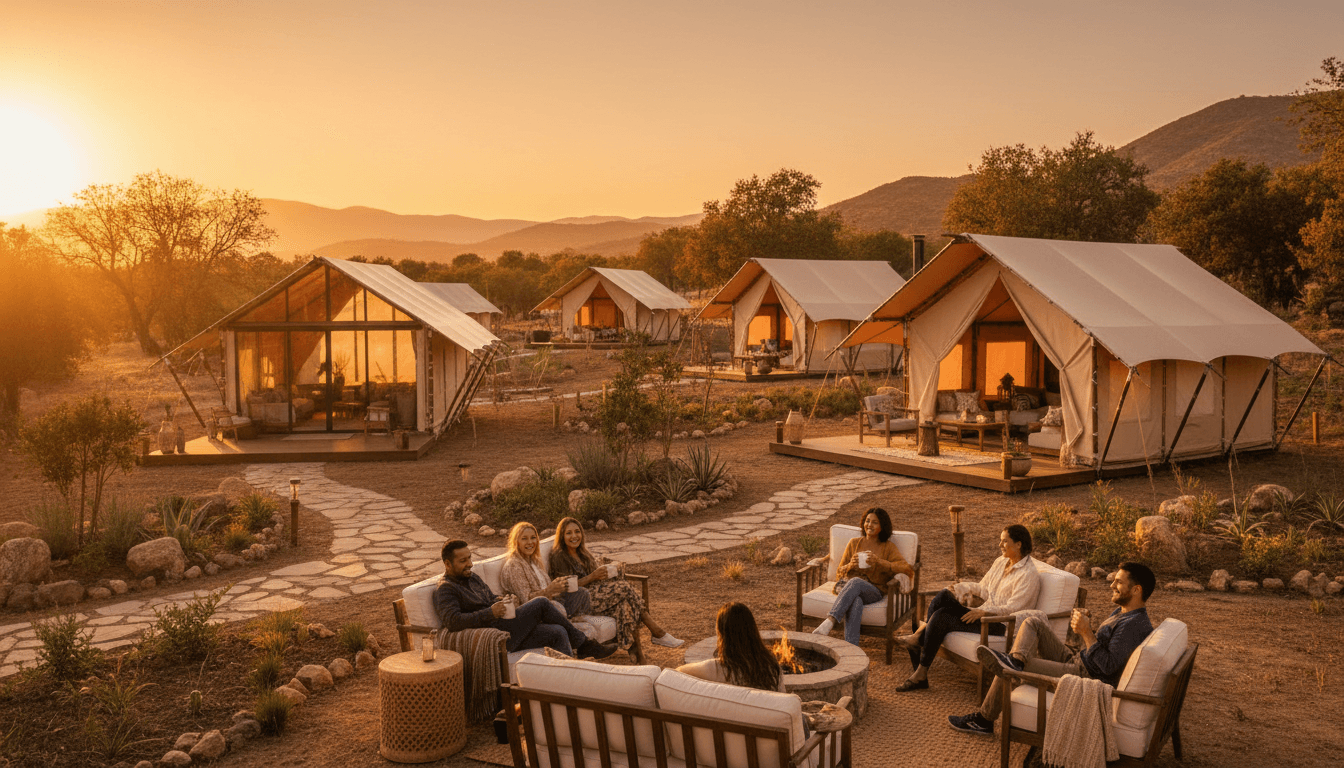 Luxury glamping site at sunset with multiple tent structures and guests enjoying outdoor seating areas