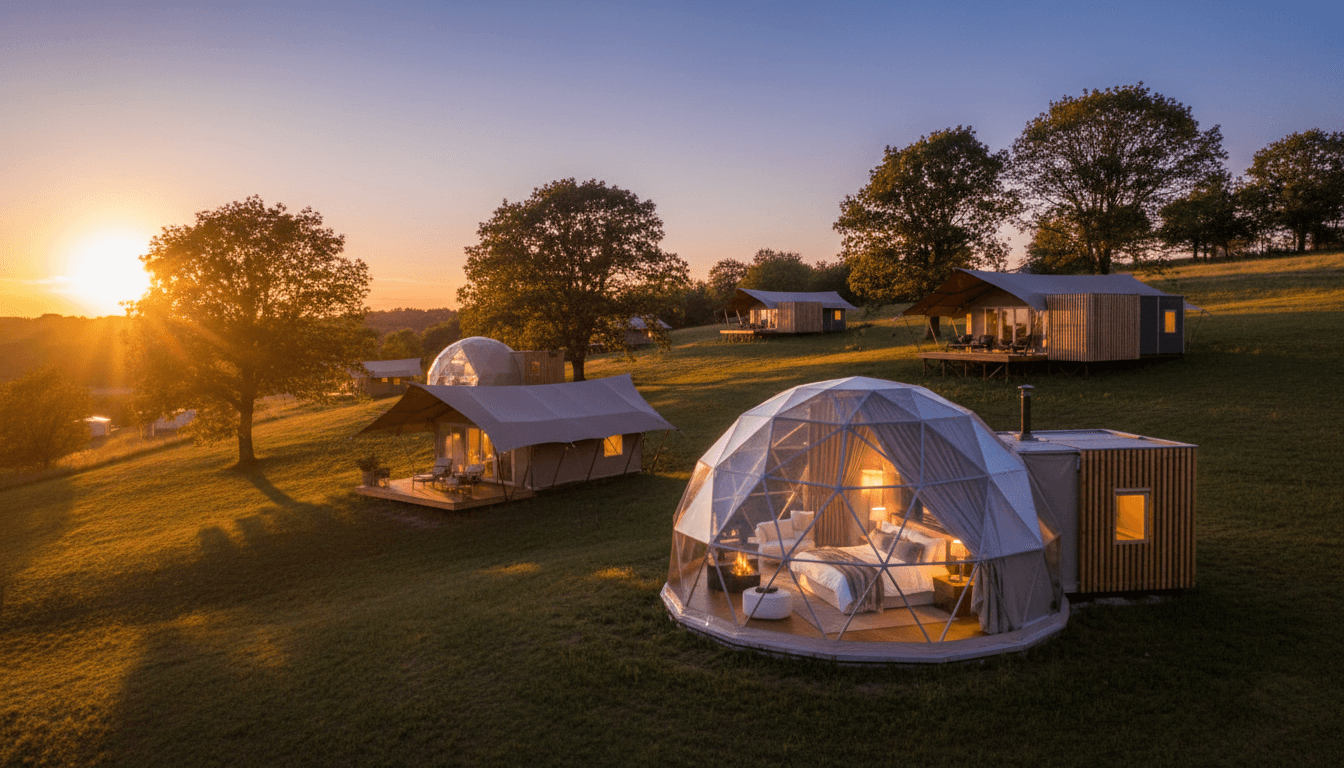 Luxury glamping resort with multiple tent styles at sunset in Crossville, Tennessee