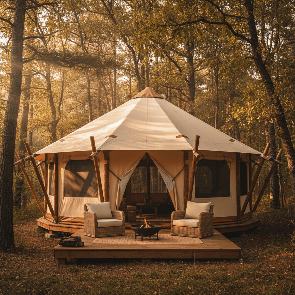 Custom glamping tent with soft fabric walls in natural setting