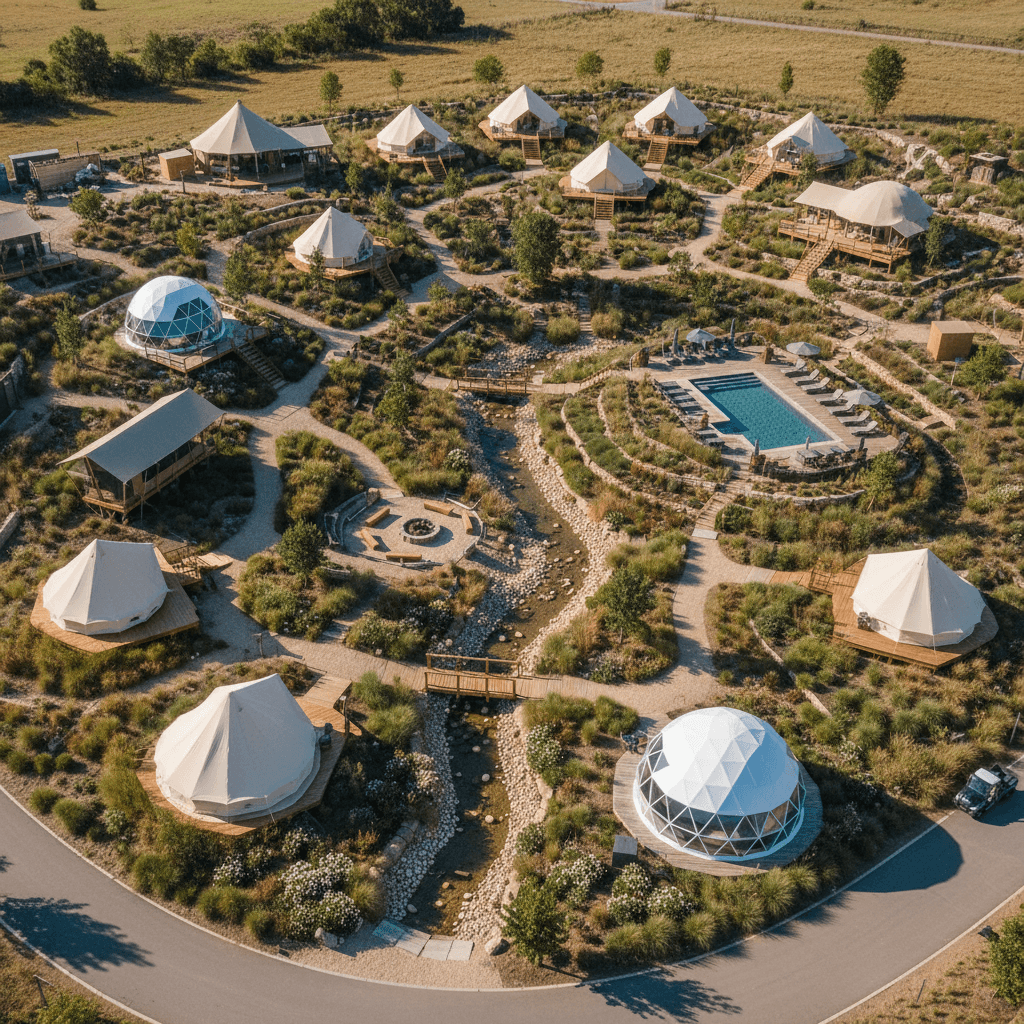Aerial view of complete glamping resort with multiple custom tents