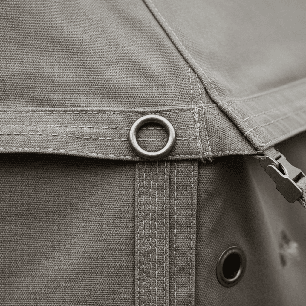 Close-up of tent fabric construction and hardware detail