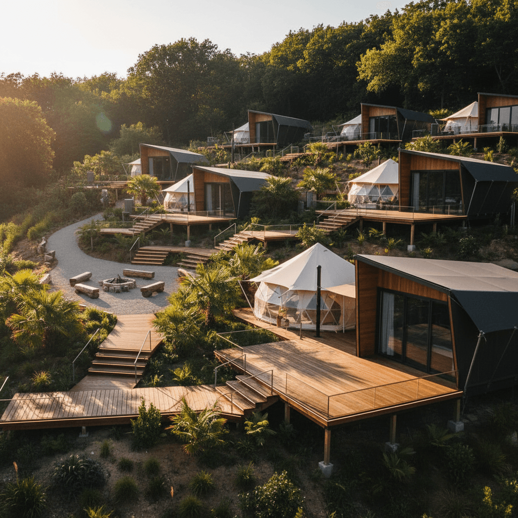 Full glamping site layout with multiple tent styles and infrastructure