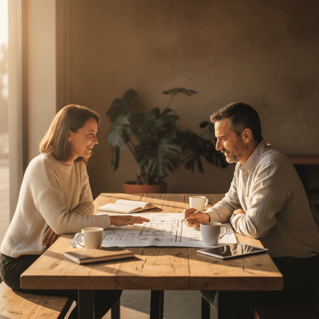 Two professionals consulting together over glamping tent designs