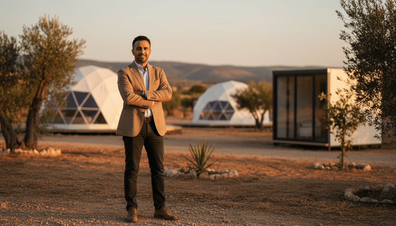 Ezra Sitt standing in front of luxury glamping tent structures at The Preserve in Crossville, Tennessee