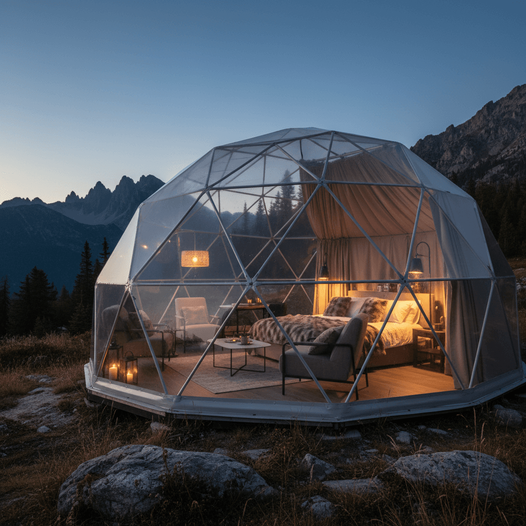 Glamping tent with glass walls at dusk showing interior glow