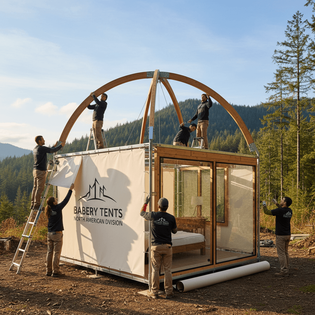 Workers assembling a luxury glamping tent in a scenic outdoor setting