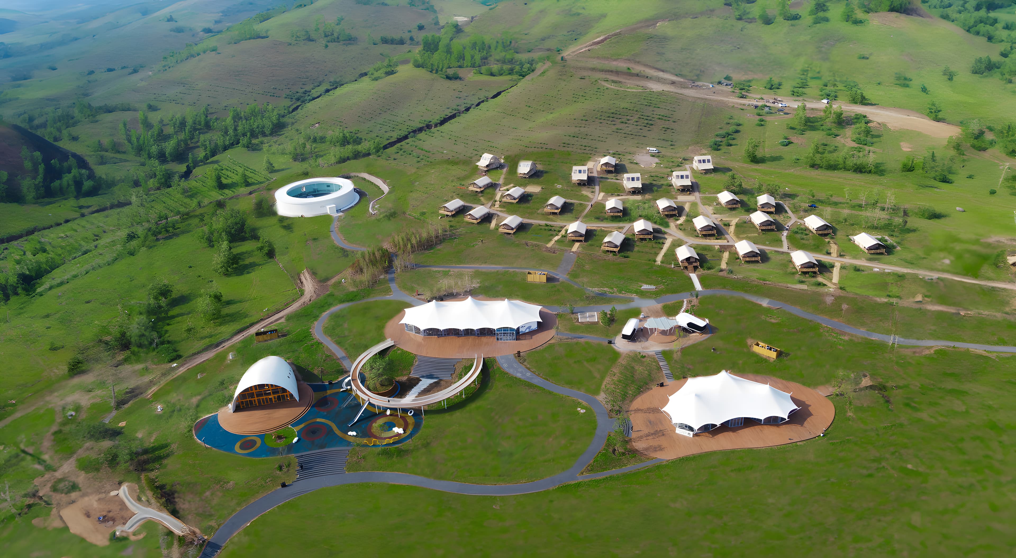 Aerial view of a luxury glamping resort with white tents and pavilions on green hills.