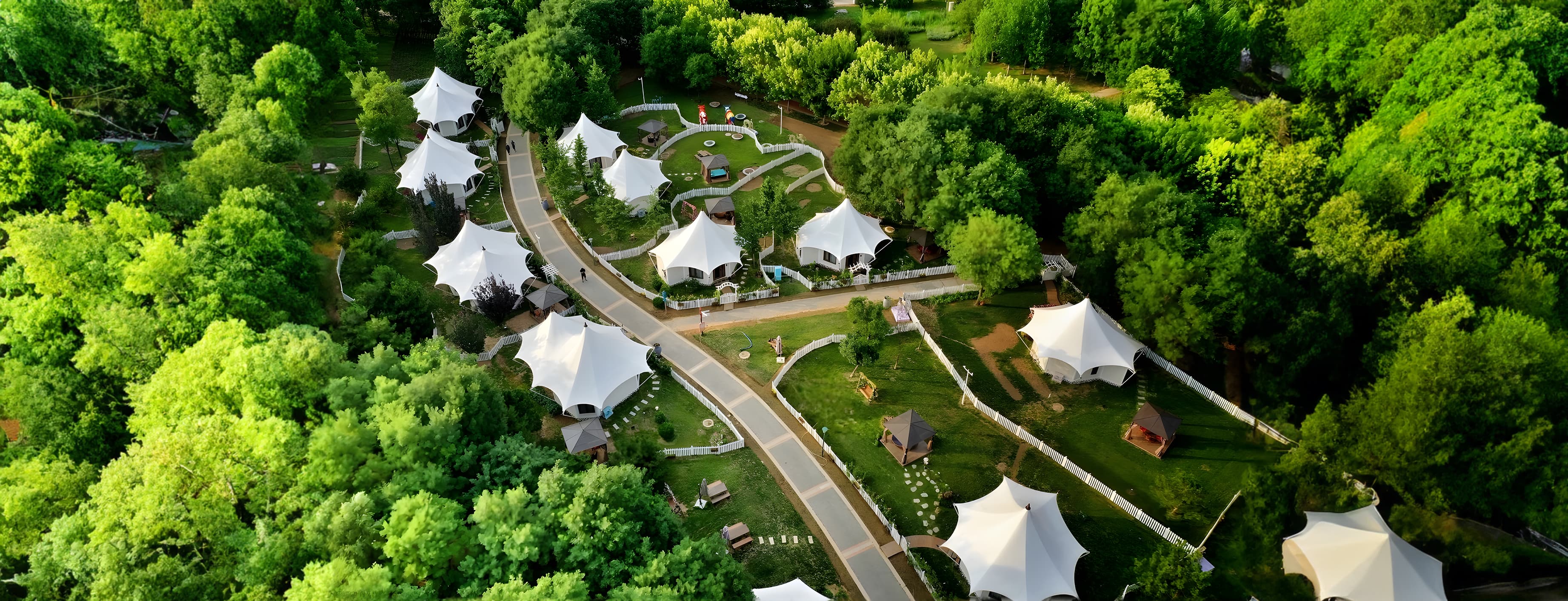 Aerial view of white glamping tents along a path in a lush green forest.